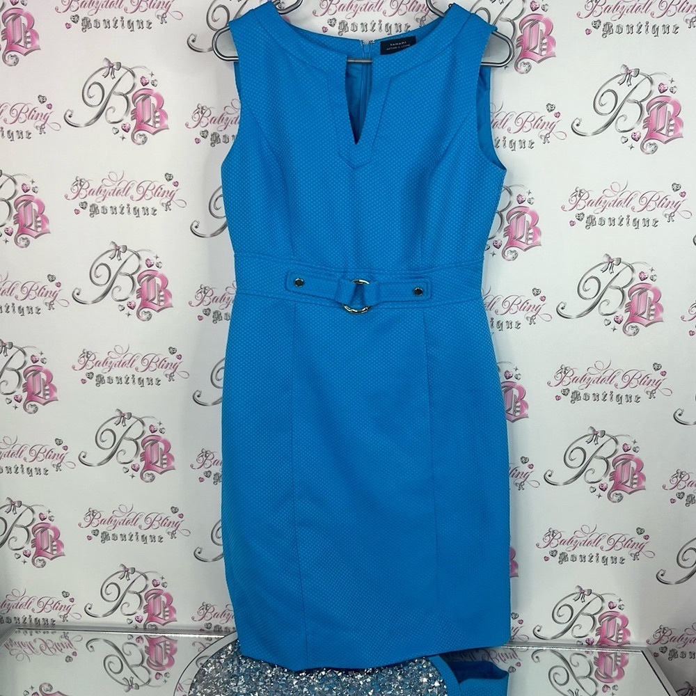 Tahari dress belted style texture Vibrant Blue Textured Midi Dress